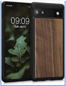 lot 4651162 image: kwmobile Real Wood Case Compatible with Google Pixel 6a Case - Hard Wooden Cover wTPU Bumper - Dark Brown Walnut - Retail $13