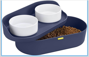 lot 4651178 image: Navaris Raised Dog Food Bowls with Stand - Elevated Pet Bowl Feeding Station for Large, Medium, and Small Dogs - High 2 Bowl Feeder with Storage & Splash-Proof Feature - Navy Blue - Retail $39