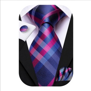 lot 4651199 image: Hi-Tie Blue Pink Mens Plaid Tie Set Woven Silk Necktie for Wedding with Pocket Square Cufflink Set - Retail $15