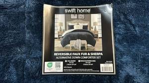 lot 2029 image: Swift Home Reversible Faux Fur & Sherpa Comforter Set. Size FullQueen. Color NavyWhite.