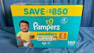 lot 7075 image: Pampers Swaddlers Size 2 Diapers - 180 Count Box