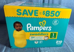 lot 7112 image: Pampers Swaddlers Size 1 Diapers - 210 Count Box