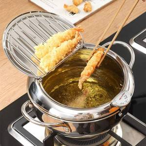 lot 509 image: Deep Fryer Pot Stainless Steel Japanese Frying Pan 2.2L Tempura Frying Pot With Thermometer, Lid and Oil Drip Rack for Fried Chicken, Shrimp, French Chips (20cm7.87inch, 304) - Retail $22