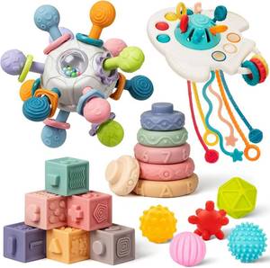 lot 517 image: Baby Toys 6 to 12 Months, 5 In 1 Montessori Toys for 1 Year Old, Incl Travel Pull String Toy & Rattle Teether & Stacking Baby Block & Soft Infant Ring & Sensory Ball for Toddler 0-3-6-9-12 Month - Retail $32