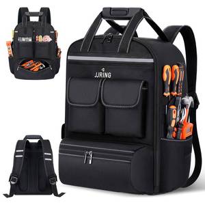 lot 519 image: Jjring Tool Bag Backpack For Men With 18 Tool Pockets, Heavy-Duty Tool Storage Organizer Bag With Padded Shoulder & Waist Support, Multi Pouch Pockets bag For Contractor, Plumbers, HVAC Techs(Black) - Retail $40