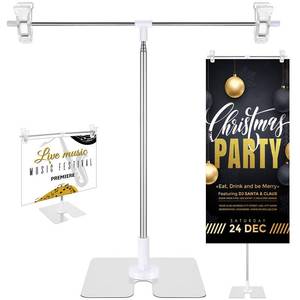 lot 526 image: Dunzy 2 Pack Adjustable 11 in - 36.6 in High Metal Banner Holder Table Top Banner Display Poster Stand T Shaped Stand Desktop Business Poster Holder Advertising Display Sign Indoor Outdoor - Retail $15