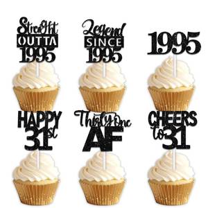 lot 530 image: 18pcs Black Glitter Dessert Cupcake Pick for Straight Outta 1995 Legend Since 1995 Theme Decor Supplies Men Happy 31st Birthday Party Decoration - Retail $10