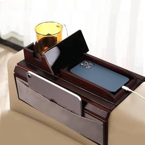 lot 532 image: GIIFER Couch Cup Holder Tray��Couch arm Table with Side Storage Pocket��Couch arm Tray with Anti-Slip Design, Natural Bamboo Sofa Tables for Drinks, Snacks, Cup, Remote and Phone��Mahogany - Retail $20