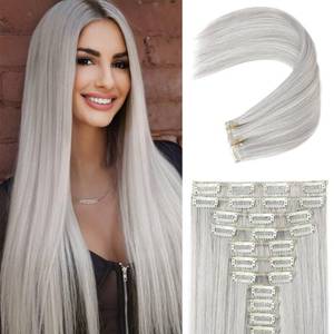 lot 538 image: REECHO Hair Extensions, 11PCS Clip in Hair Extensions 24 Long Straight hair extensions HE005 Natural Soft Synthetic Hairpieces for Women �� Silver Grey - Retail $20
