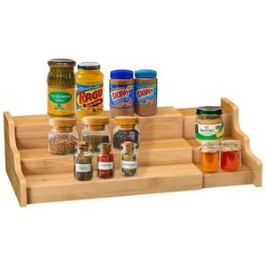 lot 539 image: Spice Rack Kitchen Cabinet Organizer- 3 Tier Bamboo Expandable Display Shelf Yellow - Retail $21