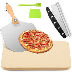 lot 541 image: GOFOWRK Pizza Stone 5 PCS Set, 15 x 12 Large Rectangle Pizza Stone Set for Oven and Grill with Metal Pizza Peels & Cutter Rocker, 0.6 Thickened Stone Pizza Pan, Baking Stone for Pizza, Bread - Retail $40