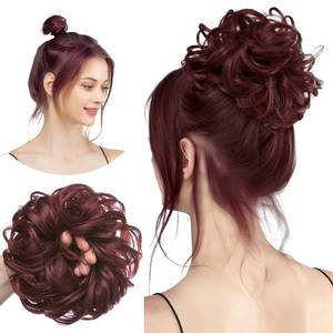 lot 570 image: CJL HAIR Burgundy Large Messy Bun Hair Piece Wavy Curly Scrunchies Synthetic Chignon Ponytail Hair Extensions Thick Updo Hairpieces for Women Wine Red - Retail $10