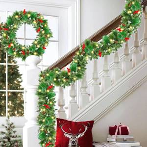 lot 572 image: Christmas Garland with Lights, 50 LEDs 9FT Prelit Garland Battery Operated Outdoor Indoor Christmas Decorations Lighted Garland for Stairs Railing Fireplace Mantle Front Door Home Holiday Decor - Retail $34