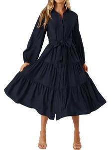 lot 575 image: MASCOMODA Womens Dresses 2025 Fall Long Sleeve Midi Dress Casual V Neck Button Down Tiered Flowy Aline Tie Waist Shirt Dress(Navy,X-Large) - Retail $50