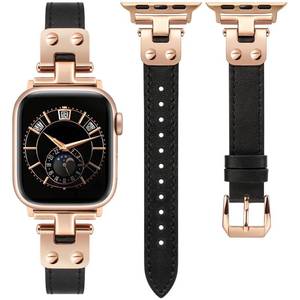 lot 577 image: Minyee Slim Leather Band Compatible with Apple Watch 38404142mm Women, Dressy Thin Soft Leather Strap with Tapered Metal Buckle for iWatch Series 11 10 9 8 7 6 5 4 SEUltra 3 2 1, BlackRose Gold - Retail $18