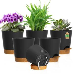 lot 591 image: WSMKSZ 4 inch Self Watering Pots for Indoor Outdoor Plants, 6 Pack Plastic Flower Planters with Drainage Holes and Removable Saucers, Plant Pots with Wicking Rope, Modern Decor, Black Brown - Retail $15