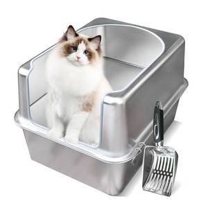 lot 597 image: Aothey Stainless Steel Litter Box with Metal Lid and Scoop - Enclosed Metal Litter Box for Large Cats, Rust-Resistant, Odor-Control, Easy to Clean, Durable & Long-Lasting with Round Edge (L) - Retail $70