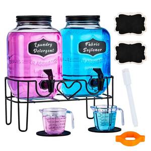 lot 598 image: 1 Gallon Liquid Laundry Detergent Dispenser with Stand, Glass Laundry Soap Dispenser, Glass Jars for Laundry Room Organization and Storage, Liquid Detergent, Fabric Softener - Retail $39