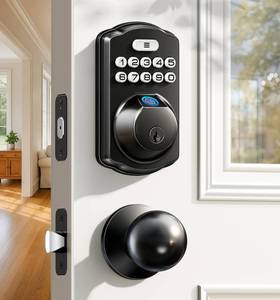 lot 607 image: Veise Fingerprint Door Lock with 2 Knobs - Keyless Entry Door Lock with Handle, Electronic Keypad Deadbolt, Smart Front Handle Set, Auto-Locking, Waterproof, Easy Installation, Matte Black - Retail $67