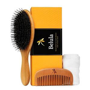lot 618 image: Premium Boar Bristle Hair Brush for Thick Hair Set. Hairbrush for Women With Thick, Long or Curly Hair. Restores Hairs Shine and Health. Comb, Travel Bag & Spa Headband Included - Retail $29