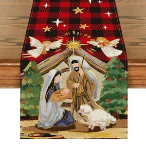 lot 620 image: Artoid Mode Buffalo Plaid Kogiya Shepherd Christmas Table Runner, Winter O Holy Night Xmas Kitchen Dining Table Decoration for Home Party Decor 13x72 Inch - Retail $12