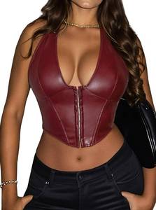 lot 626 image: Benfoly Womens Y2K Leather Halter Top Backless Corset Bustier Top Lace Up Sexy Going Out Crop Tank Halter Neck Party Club Burgundy - Retail $26