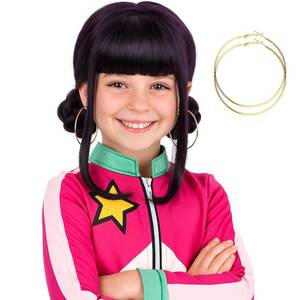 lot 629 image: morvally Short Black Purple Wig with 2 Buns Anime Cosplay Synthetic Hair Wigs for Halloween Costume Party (Black Purple, Small Head) - Retail $30