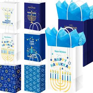 lot 635 image: Patelai 24 Pieces Hanukkah Gift Bag Bulk with Blue Tissue Paper Chanukah Gift Bag with Handle Hanukkah Goodie Bags for Holiday Gifts Wrapping Party Favors Supplies - Retail $21