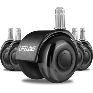 lot 636 image: Lifelong Office Chair Dual Wheels Replacement Rubber 2 Inch Chair Casters for Hardwood Floors and Carpet, Set of 5, Heavy Duty Casters for Chairs to Replace Office Chair Mats - Fits 98% - Retail $34