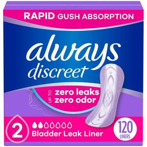 lot 648 image: Always Discreet Incontinence Panty Liners for Bladder Leaks, Size 2, Very Light Absorbency, 120 Count - Retail $12