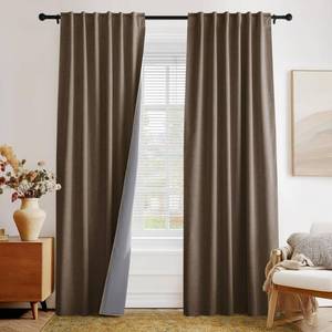 lot 652 image: PONY DANCE Linen Blackout Curtains 84 inch Long,100% Full Black Out Curtain 2 Panels Set for Bedroom Living Room,Thermal Insulated Room Darkening Window Drapes Back Tab Rod Pocket(52x84,Brown) - Retail $40