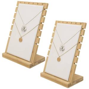 lot 658 image: MyGift necklace display standMyGift 2-Pack Bamboo Jewelry Display Stands with PU Panel & Multi-Rung Design �� Detachable Bases, Non-Scratch Surface jewelry display for vendors, - Retail $25