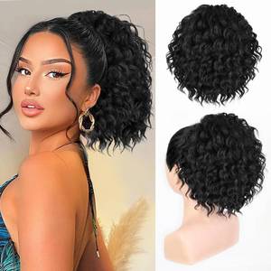 lot 661 image: ALXNAN Wavy Curly Ponytail Extension, 8 Natural Black Drawstring Ponytail for Black Women Short Soft Synthetic Hairpiece Thick For Daily Use - Retail $14