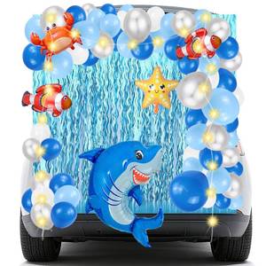 lot 669 image: HABDJILTY Halloween Under The Sea Trunk or Treat Car Decorations Kit, Halloween Ocean Sharks Trunk or Treat SUV Decoration with Lights Balloons for Outdoor Garage Door Archway Party Decors Supplies - Retail $12