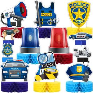 lot 678 image: Zonon 12 Pieces Police Party Decorations Police Honeycomb Centerpieces Supplies 3D Birthday Cute Cakes Topper Photo Props for Graduation Party Table Decoration Supplies - Retail $9
