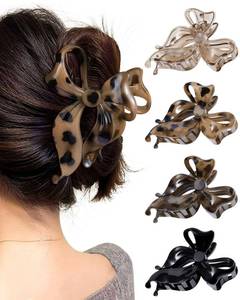 lot 690 image: Mesovor 4 Pack Cute Bow Claw Clip for Women, Nonslip Large Matte Strong Hold Bows Hair Clips for Thin and Thick Hair  Chic Hair Styling Accessories (4.1 Black, Leopard) - Retail $8
