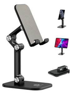lot 693 image: OCYCLONE Phone Stand, Adjustable Height and Angle Foldable Cell Phone Stand Holder for Desk, Taller iPhone Stand Compatible with 4.7-13 Smartphones iPad Tablet, Black - Retail $18