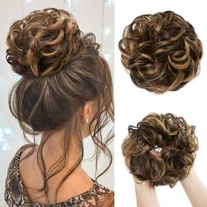 lot 697 image: CJL HAIR Large Messy Bun Hair Piece Wavy Curly Scrunchies Synthetic Chignon Ponytail Hair Extensions Thick Updo Hairpieces for Women Dark BrownGolden Blonde - Retail $10