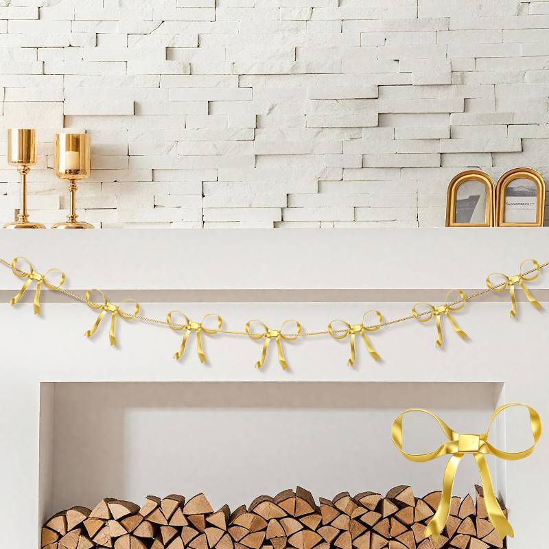 lot 48024 image: Cinnvoice Gold Bow Garland 6.6ft Metal Gold Bow Banner Coquette Room Decor Birthday Xmas Tree Decorations for Baby Shower Bridal Shower Wedding Bachelorette Party Anniversary Decor