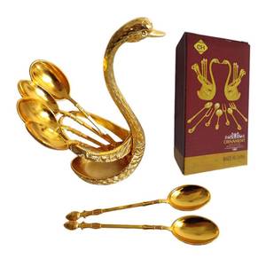 lot 24155 image: Gold Coffee Spoon with Metal Swan Base Holder with 6 Spoons Organizer, Stainless Steel Serving Bar Dessert Spoon for Cake CountertopTableware Household