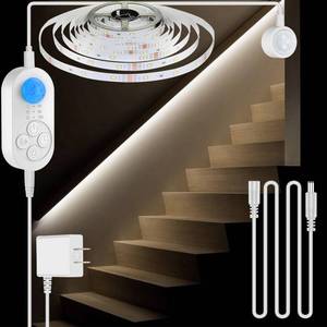 lot 24157 image: Dual Motion Sensor Light Indoor - Plug-in Motion Activated Stair Step LED Strip with Double Sensors, Dimmer and Timer for Stairway, Bedroom, Corridor (Cold White 6000K 32.8FT Light Strip)