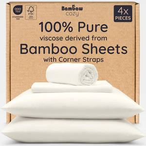 lot 24160 image: Bambaw 100% Viscose Derived from Bamboo Queen Size Sheet Set - 4pcs Cooling Sheets for Hot Sleepers, Soft Deep Pocket Queen Sheets Fits Up to 16 with Elastic Corner Straps (Ivory)