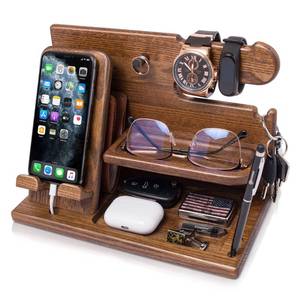 lot 24163 image: TESLYAR Wood Phone Docking Station for Men - Desk or Nightstand Organizer - Birthday Gifts for Husband or Dad - Anniversary Idea from Wife - Key Holder, Stand Wallet, Watch & Essentials (Earth Beige)