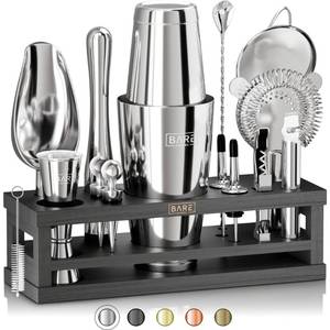 lot 24164 image: BARE BARREL Mixology Bartender Kit Bar Set  16-Piece Cocktail Shaker Set  Martini Barware Mixing Tools for Home Bartending  Incl. 35 Recipe Cards  Gift Set (28oz Boston Shaker, SilverBlack) (Stand Broken)