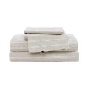 lot 24184 image: Tommy Hilfiger - Full Bed Sheets, Crisp & Cool Cotton Percale Bedding with Matching Pillowcases, Lightweight Bed Set, Oeko-Tex Certified (Effortless Stripe Beige)