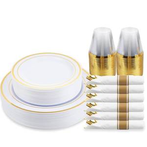 lot 24197 image: M MCIRCO 175 Piece Gold Dinnerware Set - 50 Plastic Plates, 25 Cups, 25 Pre Rolled Napkins with Plastic Silverware, Disposable Gold Dinnerware Set for 25 Guest