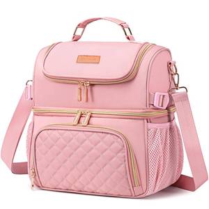 lot 24201 image: Romenrita Lunch Bags for Women, Dual Compartment Lunch Box Lunch Bag for Work, Leakproof Lunch Cooler Large Insulated Lunchbox for Adult for Women Men, Lunchbag for Picnic Beach (Pink)