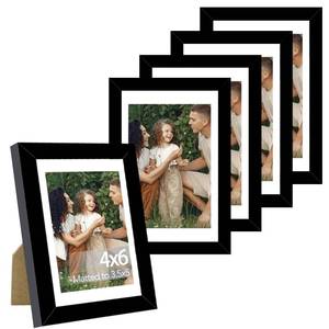 lot 29611 image: JCJMY 4x6 Picture Frame with 3.5x5 Mat Set of 5, Display Photo 3.5x5 with Mat or 4x6 without Mat, 4 by 6 Wall Poster Photo Frame with Shatter Resistant Plexiglass for Wall or Tabletop, 5 Pack, Black