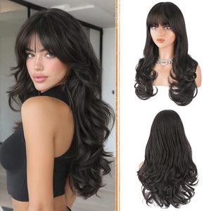 lot 29616 image: Haloo Brown Wigs with Bangs Long Wavy Layered Haircut Natural Looking Fluffy Synthetic Heat Resistant Hair Wig for Women Daily Party, 24 Inch Dark Brown