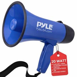 lot 29636 image: Pyle PMP21BL Portable Megaphone Speaker Siren Bullhorn - Compact and Battery Operated with 20 Watt Power, Microphone, 2 Modes, PA Sound and Foldable Handle for Cheerleading and Police Use, Blue